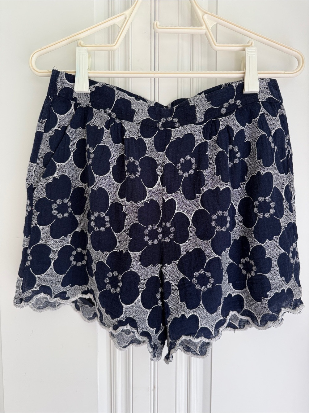 Trina Turk Navy and White Floral Scalloped Hem Shorts